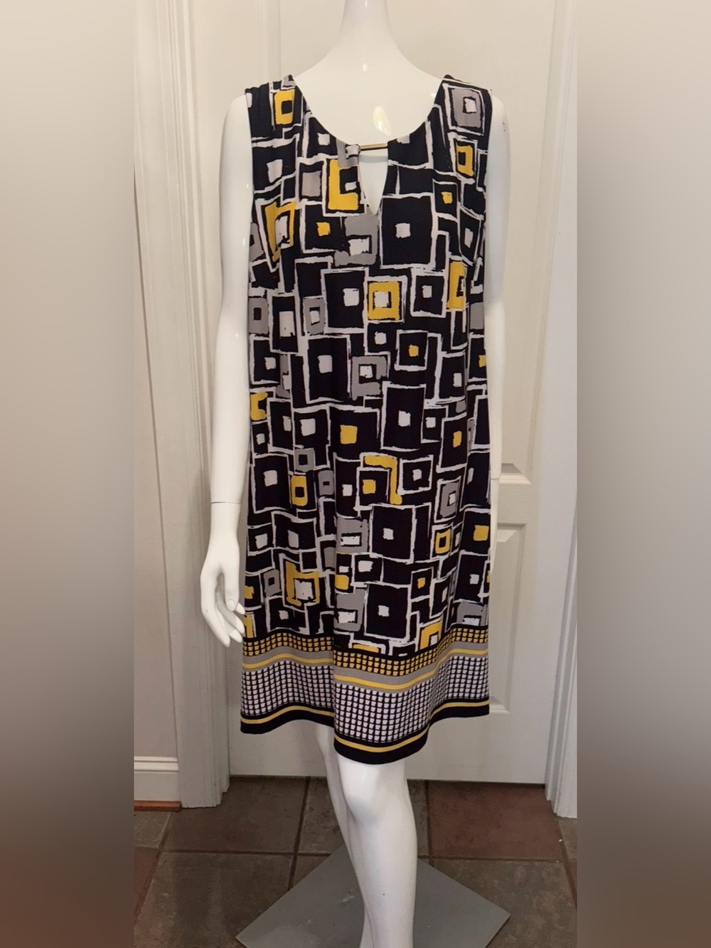 Tacera Black, Gray & Yellow Geometric Midi Dress
